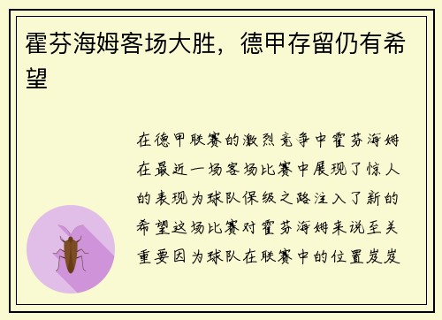 霍芬海姆客场大胜，德甲存留仍有希望