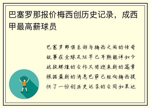 巴塞罗那报价梅西创历史记录，成西甲最高薪球员